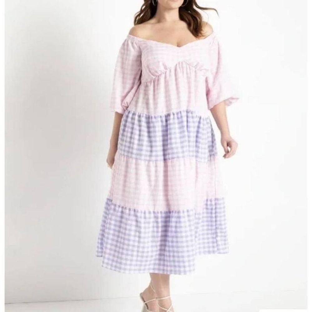 Eloquii Pink Purple Gingham Off Shoulder Maxi Dress size 14